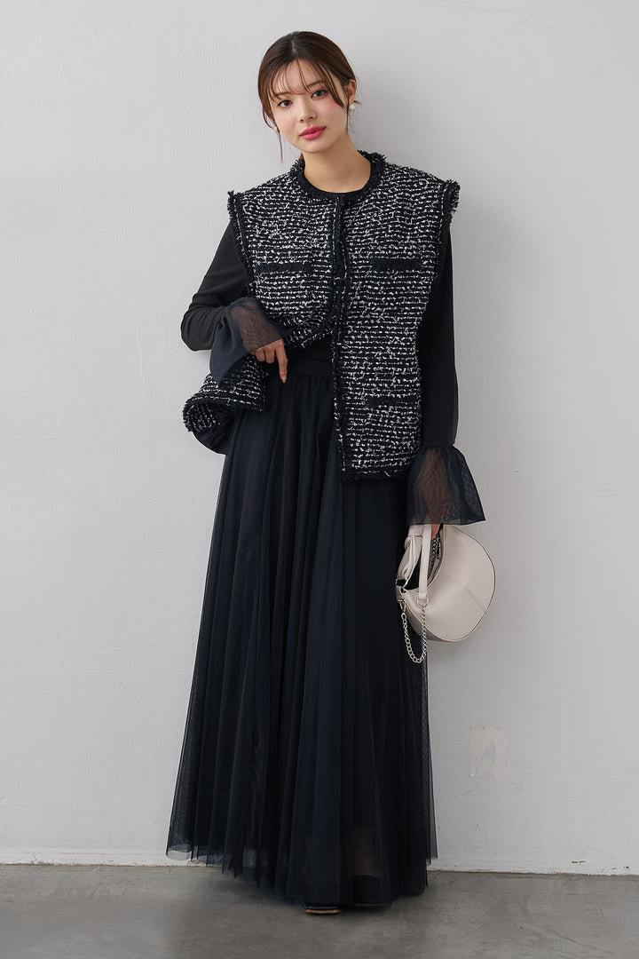 [予約/SET]チュールシアーカフスリブニット+異素材切り替えツイードベスト+エアリーチュールフレアスカート(3set)
