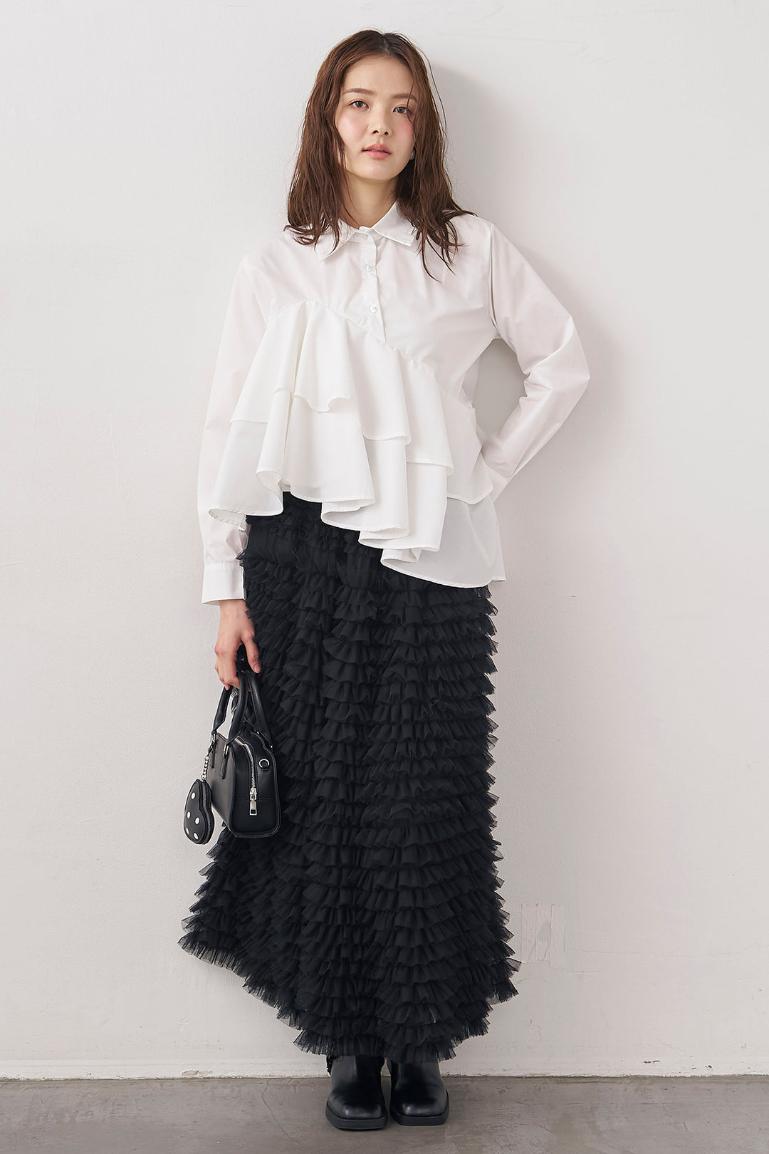 [予約/SET]アシメフリルティアードシャツ+ホイップチュールティアードスカート(2set)