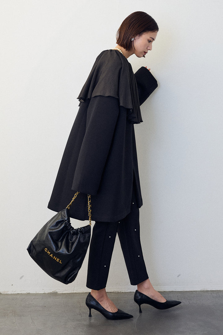 [予約/SET]BIGフリルカラーブラウス+フリルポケットボンディングノーカラーコート+センターシームランダムパールパンツ(3set)