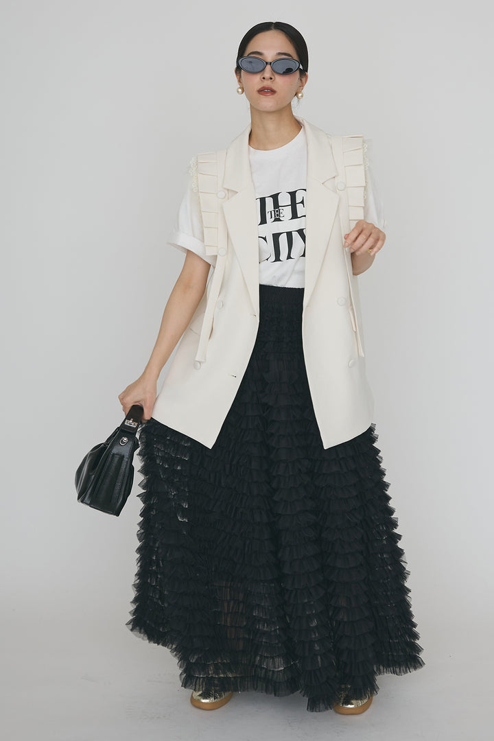 [予約/SET]フリルショルダーテーラーマニッシュベスト+ホイップチュールティアードスカート(2set)