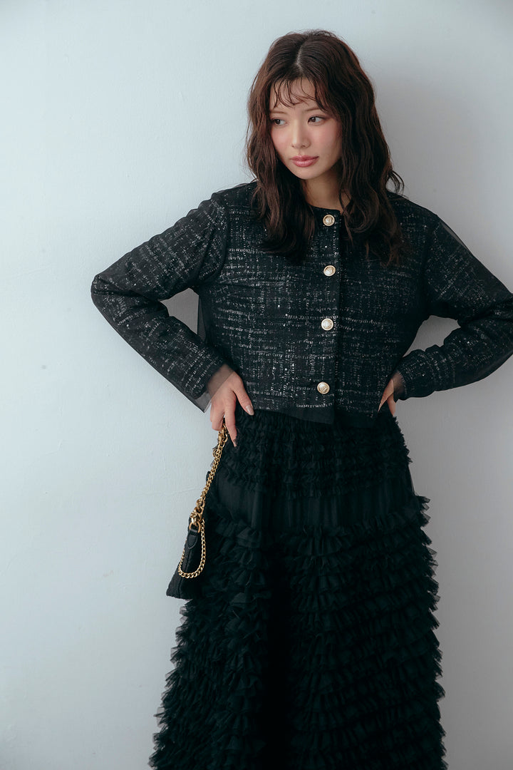 [予約/SET]ツイード×チュールレイヤードクロップドジャケット+ホイップチュールティアードスカート(2set)
