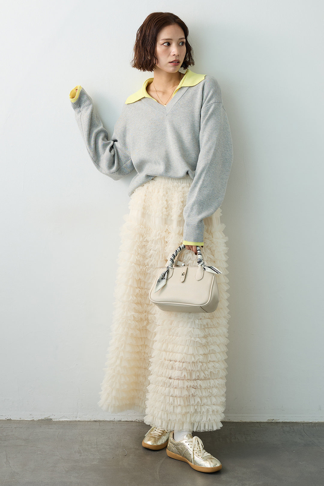 [予約/SET]配色襟レイヤード風ニット+ホイップチュールティアードスカート(2set)