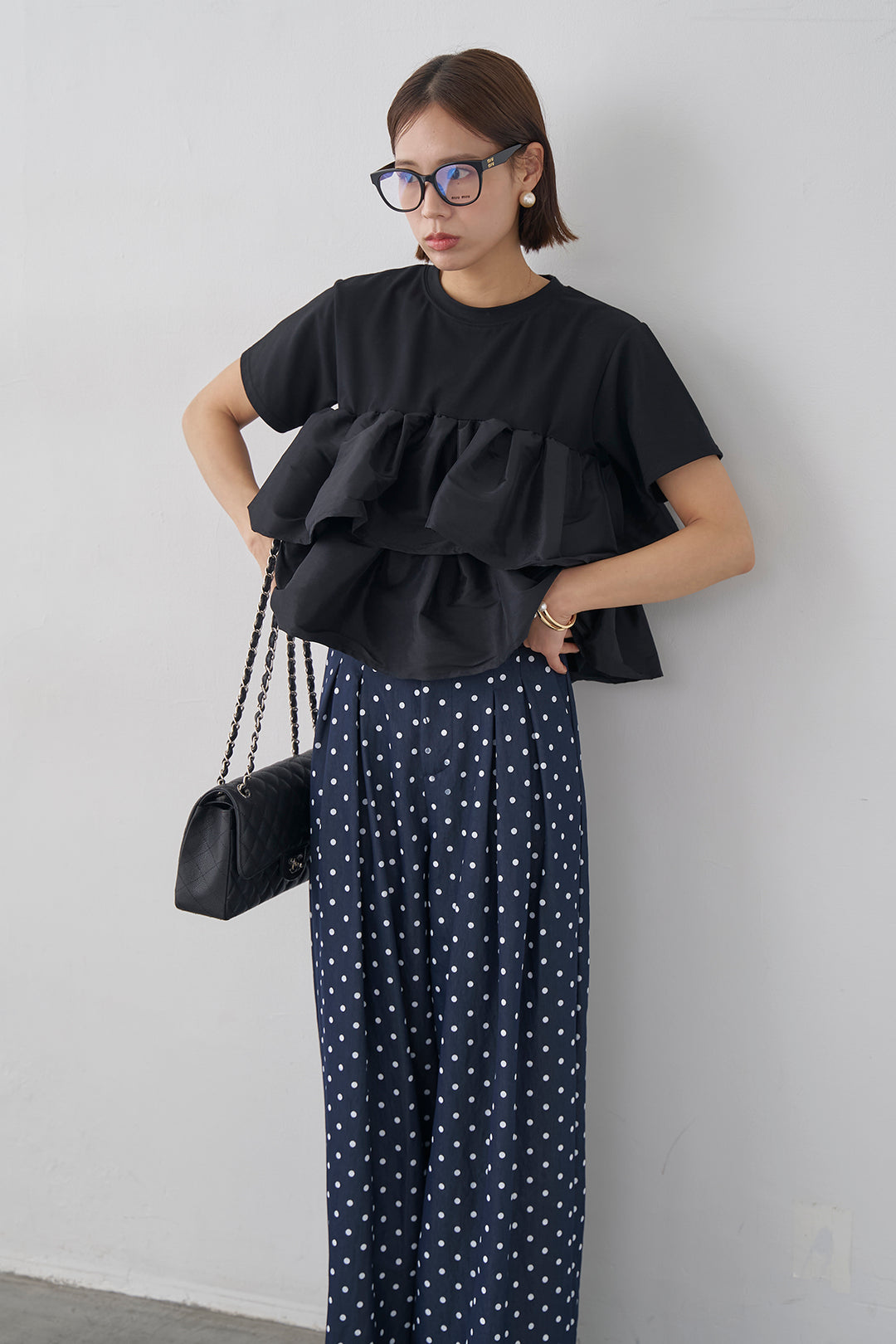 [予約/SET]ナイロンフリルドッキングTシャツ+ハイウエストドットデニムパンツ(2set)