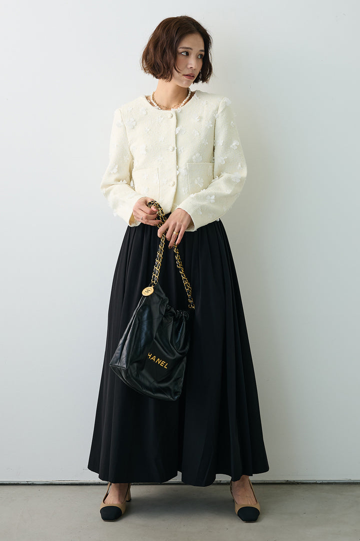 [予約/SET]フラワーモチーフツイードジャケット+ギャザーフレア綿タッチスカート(2set)