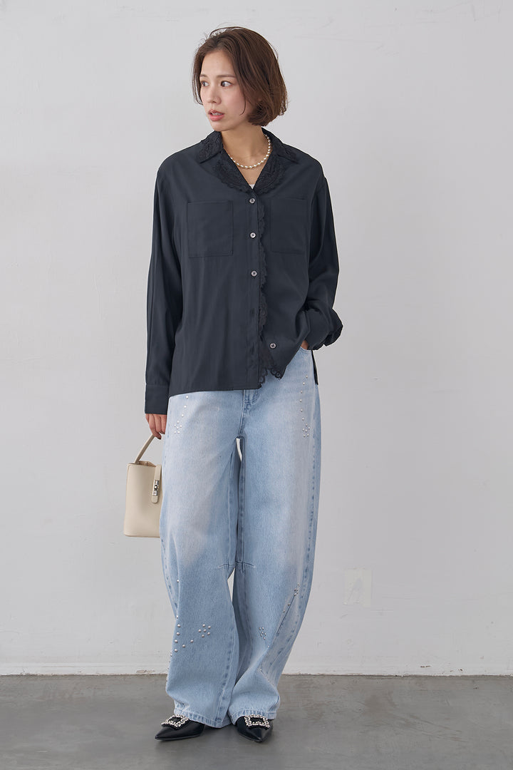 [予約/SET]クラシックレーストリムブラウス+スタッズアシメカーブデニムパンツ(2set)