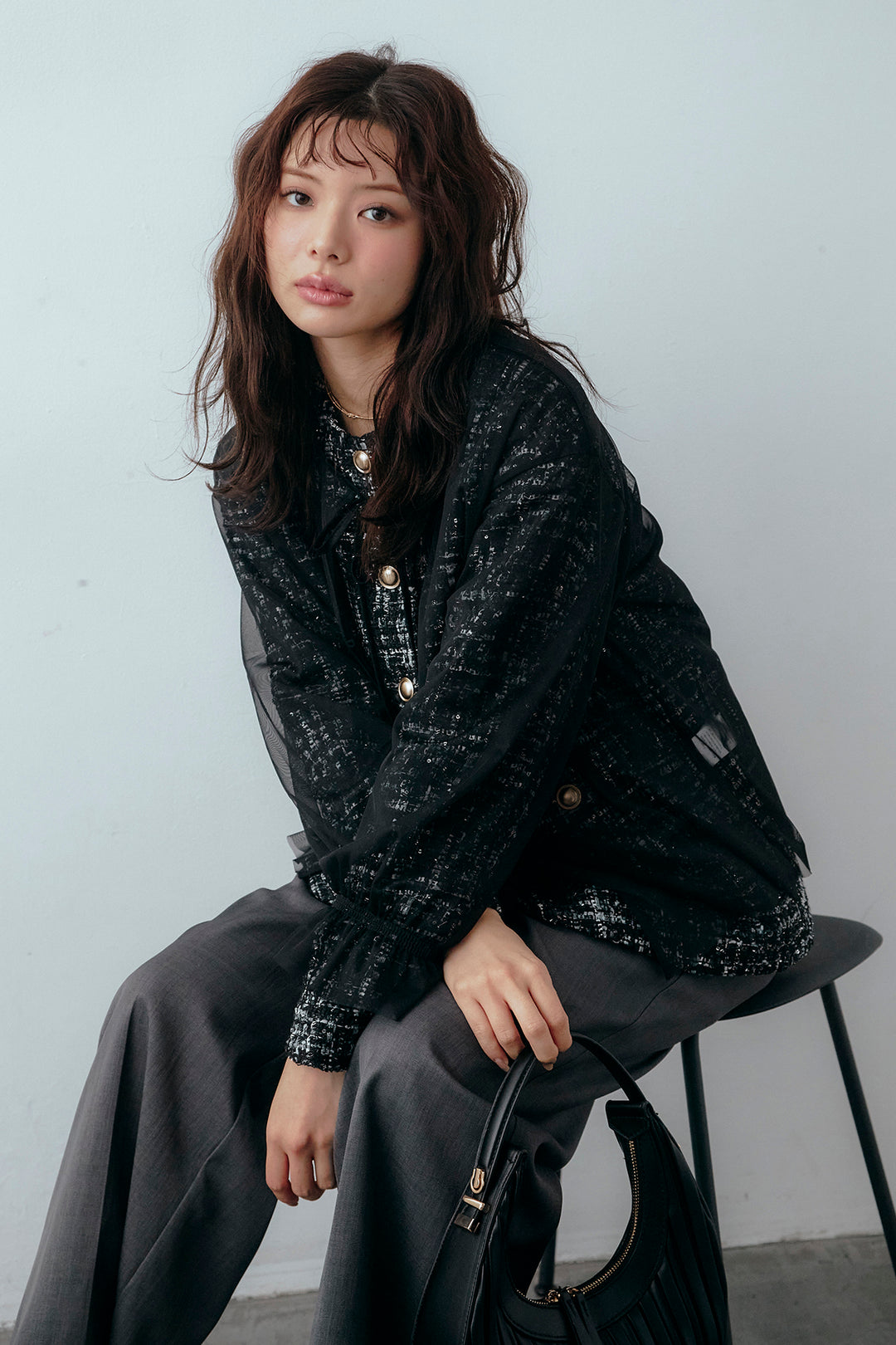 [予約/SET]2wayチュールレイヤードツイードジャケット+スプリングカラータックストレートパンツ(2set)