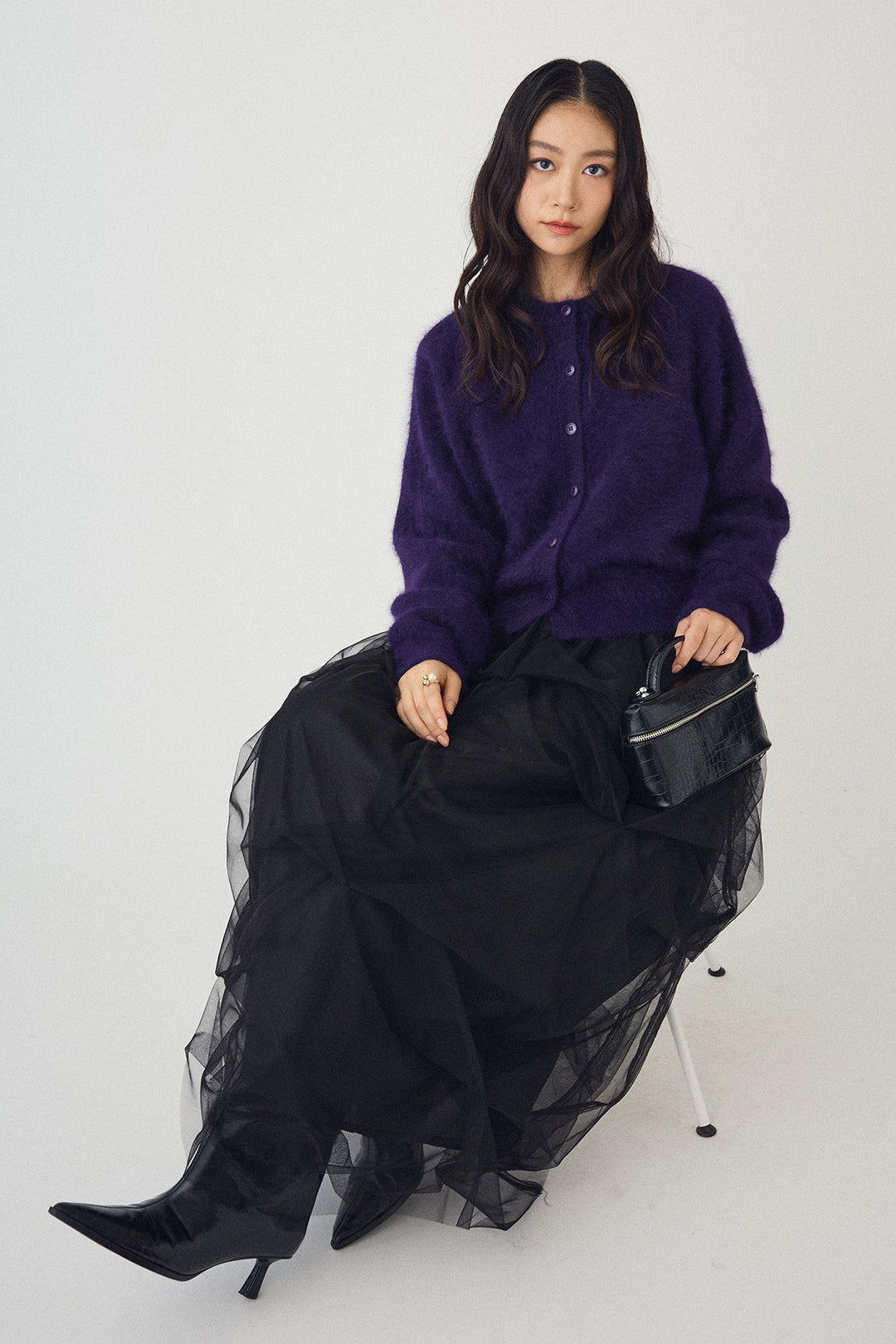 [予約/SET]ウールソフトカーディガン+マルチパターンタックチュールスカート(2set)