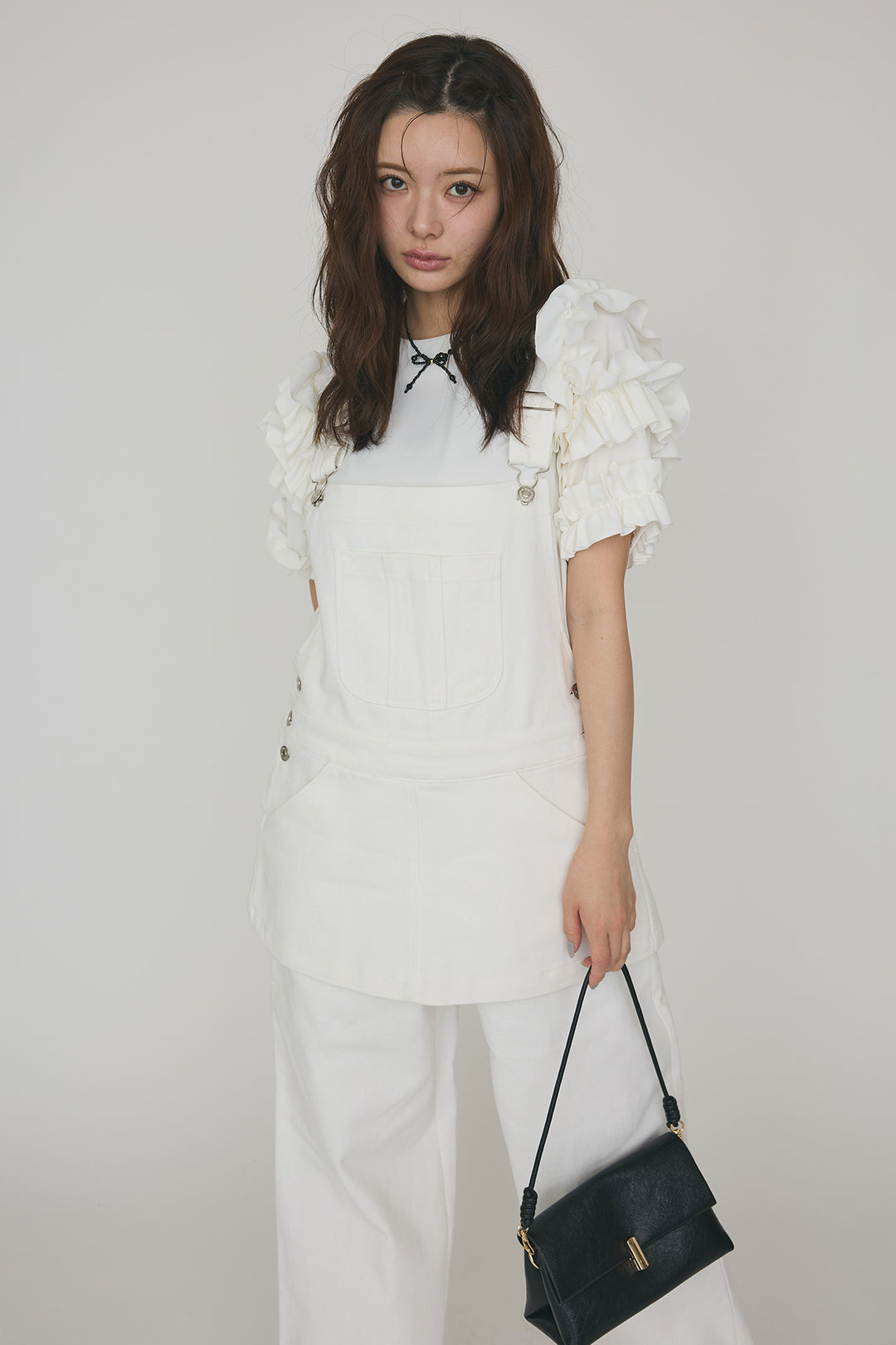 [予約/SET]フリルスリーブプルオーバーブラウス+エプロンデニムサロペ(2set)