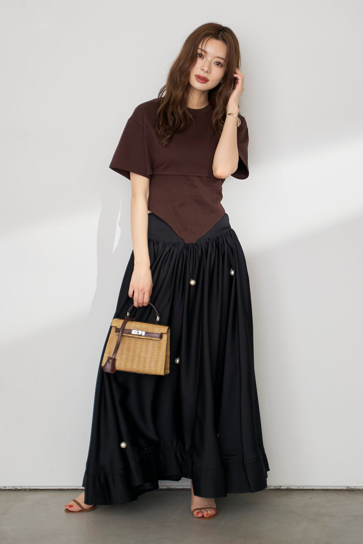 [予約/SET]バックレースアップTシャツ+ビッグパールデコレーションボリュームフレアスカート(2set)
