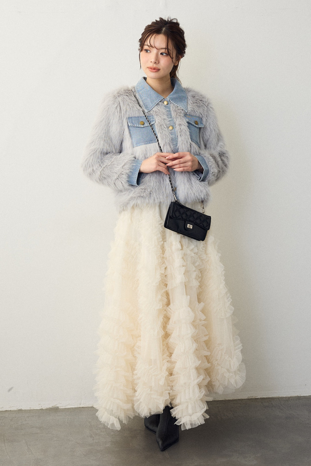 [予約/SET]デニムシャツドッキングファージャケット+スフレアシメチュールスカート(2set)