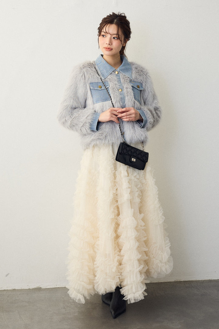 [予約/SET]デニムシャツドッキングファージャケット+スフレアシメチュールスカート(2set)