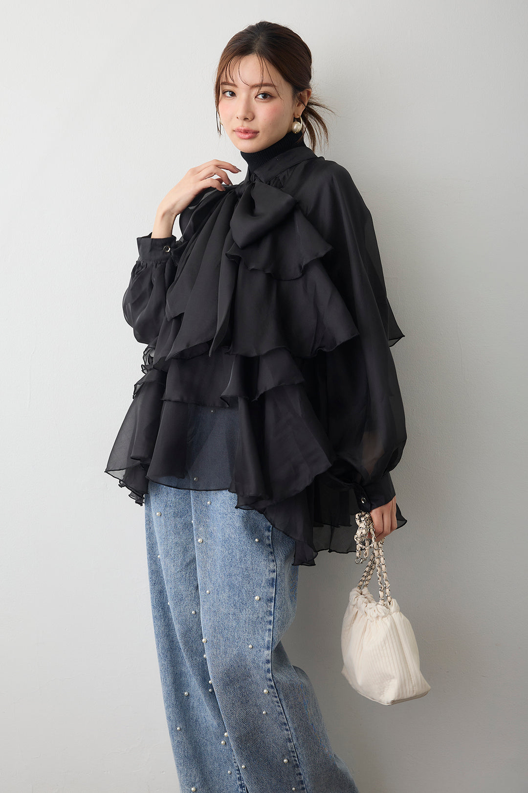 [予約/SET]ベーシックリブタートルニット+フロントBIGリボンティアードエアリーチュニック+パールスタッズストレートハイウエストデニム(3set)