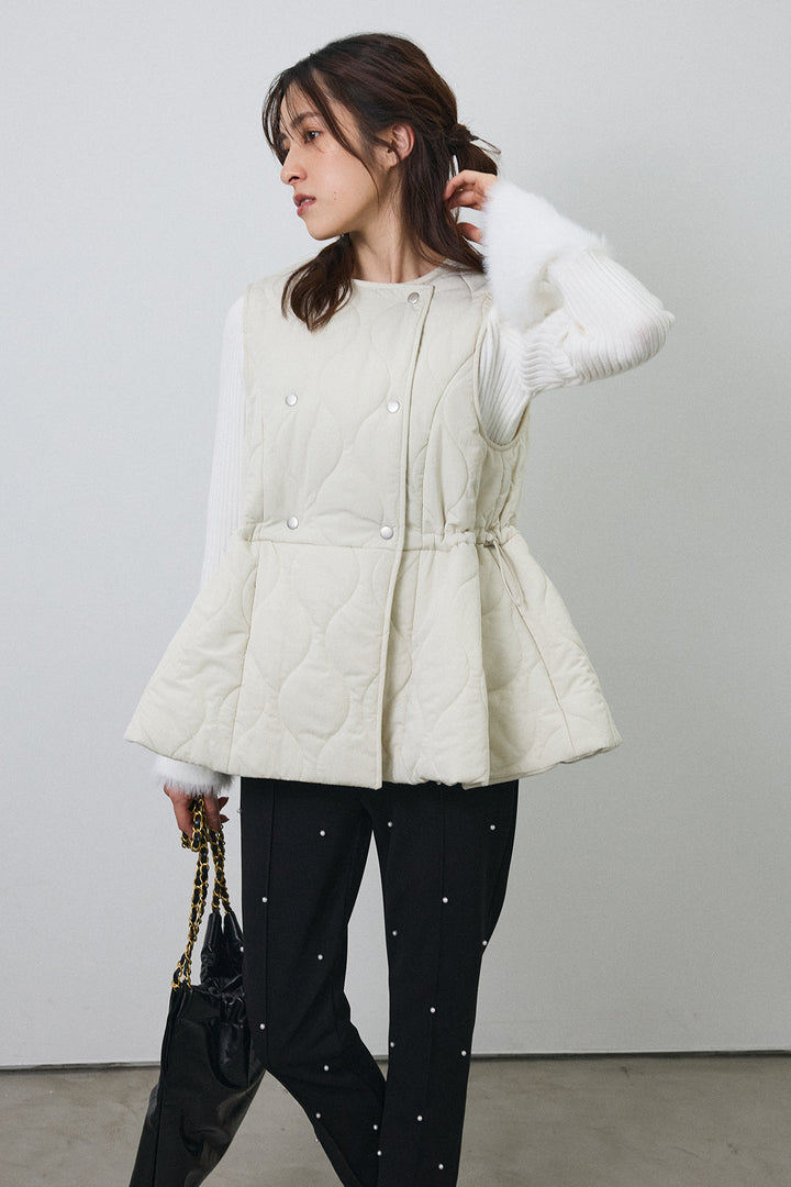 [予約/SET]フェザー切替スリーブフレアニット+キルティングフレアシルエットベスト+センターシームランダムパールパンツ(3set)