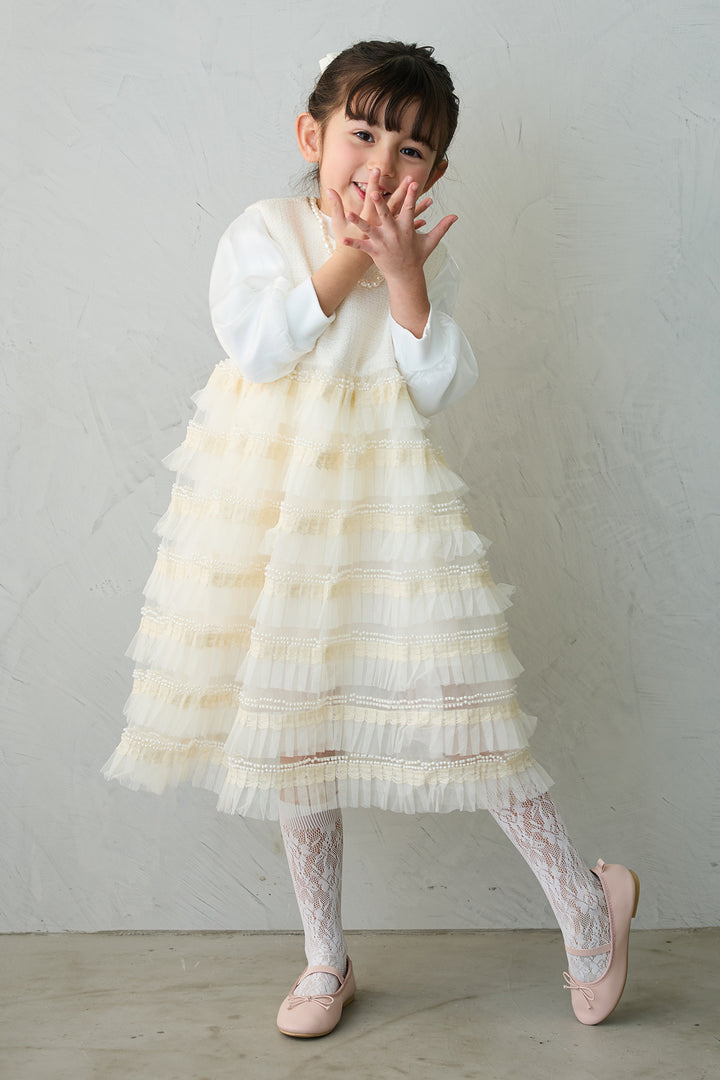 [予約/親子SET][kids]ティアードプリーツパールワンピセット+ツイード×チュールレイヤードクロップドジャケット+ホイップチュールティアードスカート(3set)