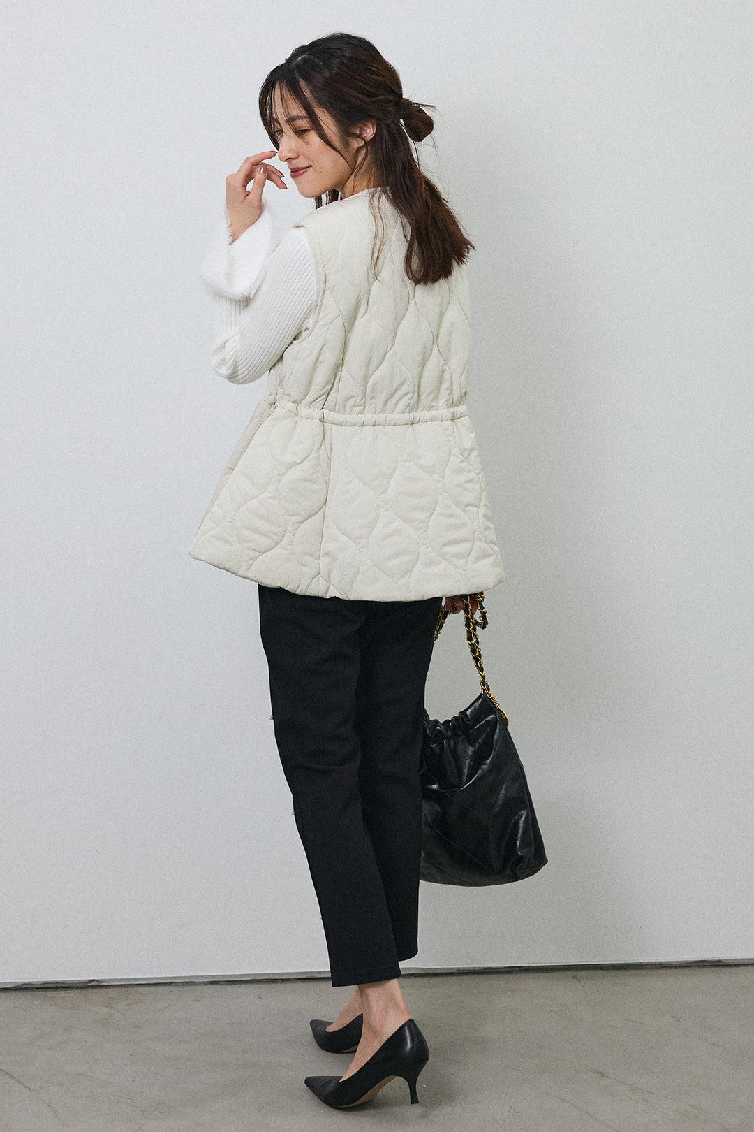 [予約/SET]フェザー切替スリーブフレアニット+キルティングフレアシルエットベスト(2set)