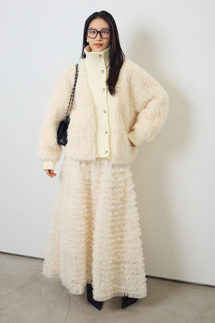 [予約/SET]シャギーファー×リブニットミックスジャケット+ホイップチュールティアードスカート(2set)