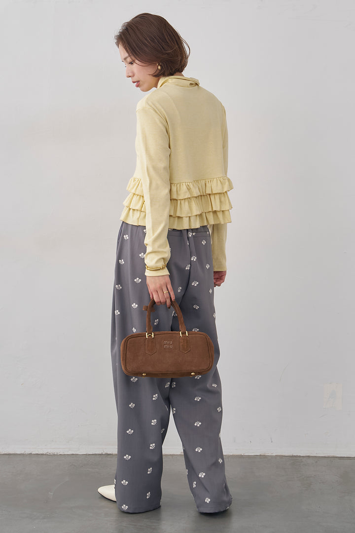 [予約/SET]フリルヘムポロカラープルオーバー+フラワー刺繍ツイルストレートパンツ(2set)