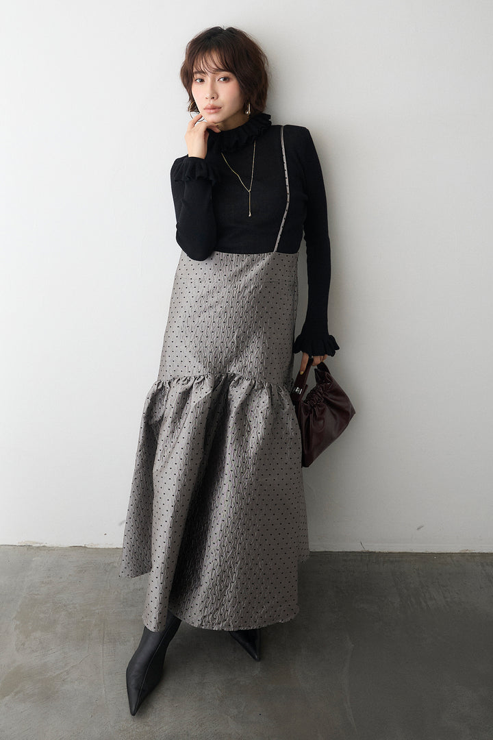 [予約/SET]ダブルフリルカラーニットプルオーバー+ドットジャガードギャザーフレアスカート(2set)