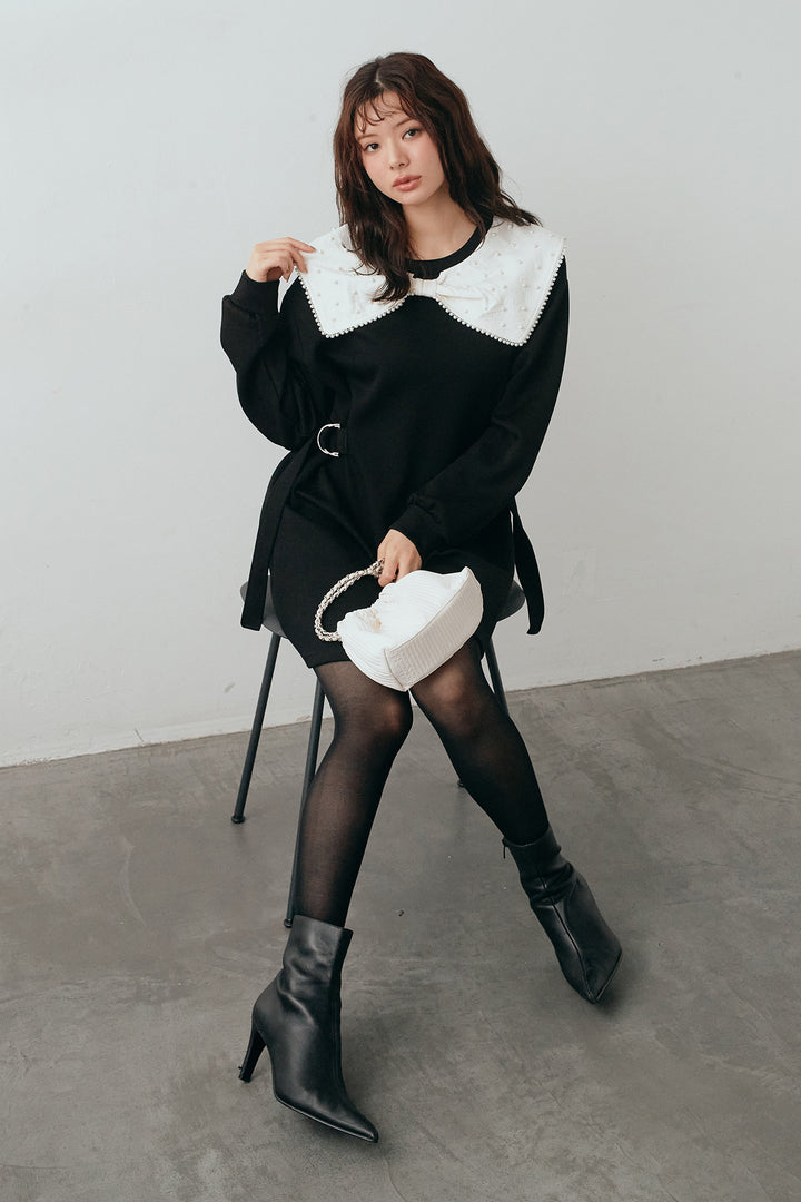 [予約]リボンパールモチーフウエストベルトミニワンピ