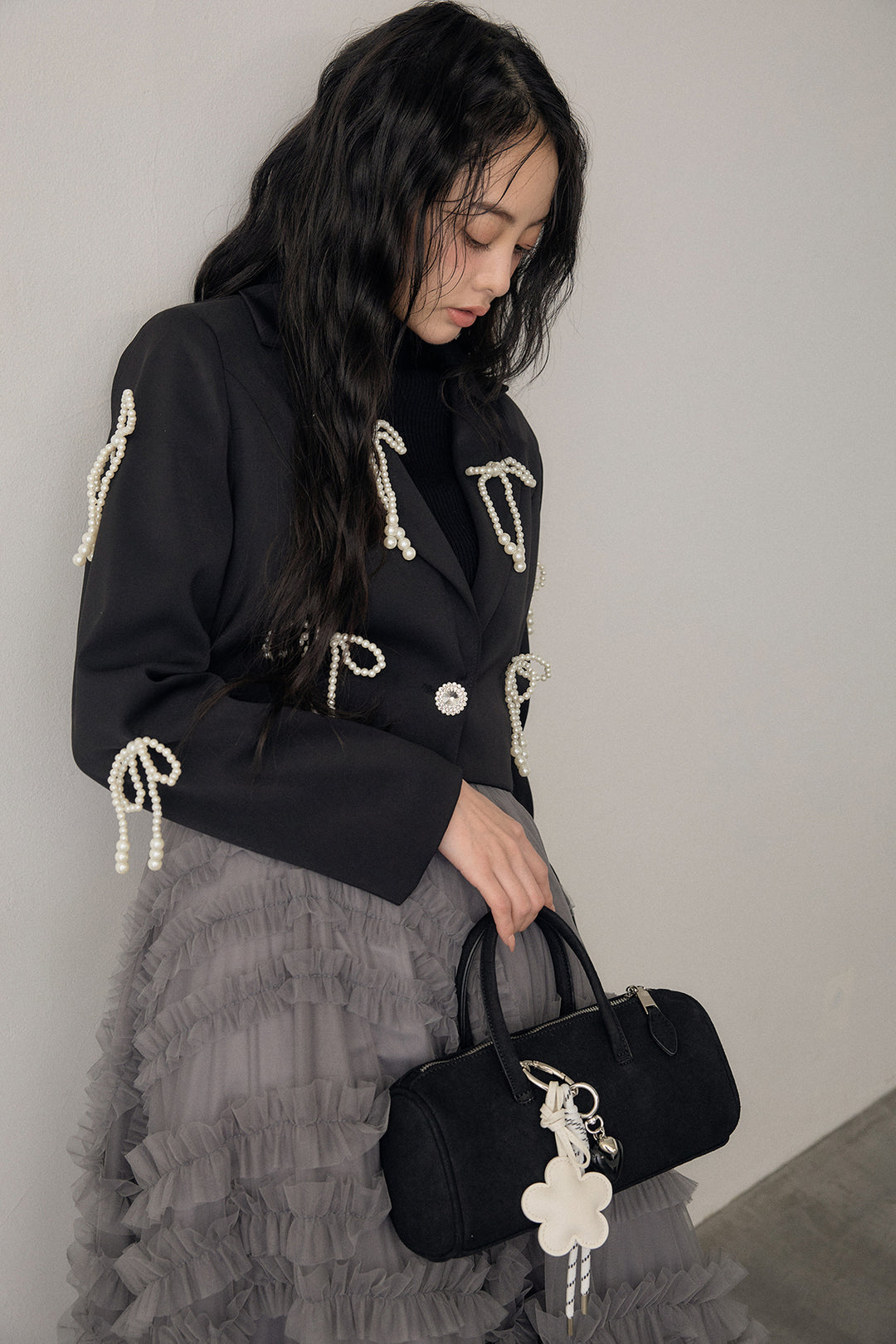 [予約/SET]ベーシックリブタートルニット+パールリボンクロップドジャケット+スフレアシメチュールスカート(3set)