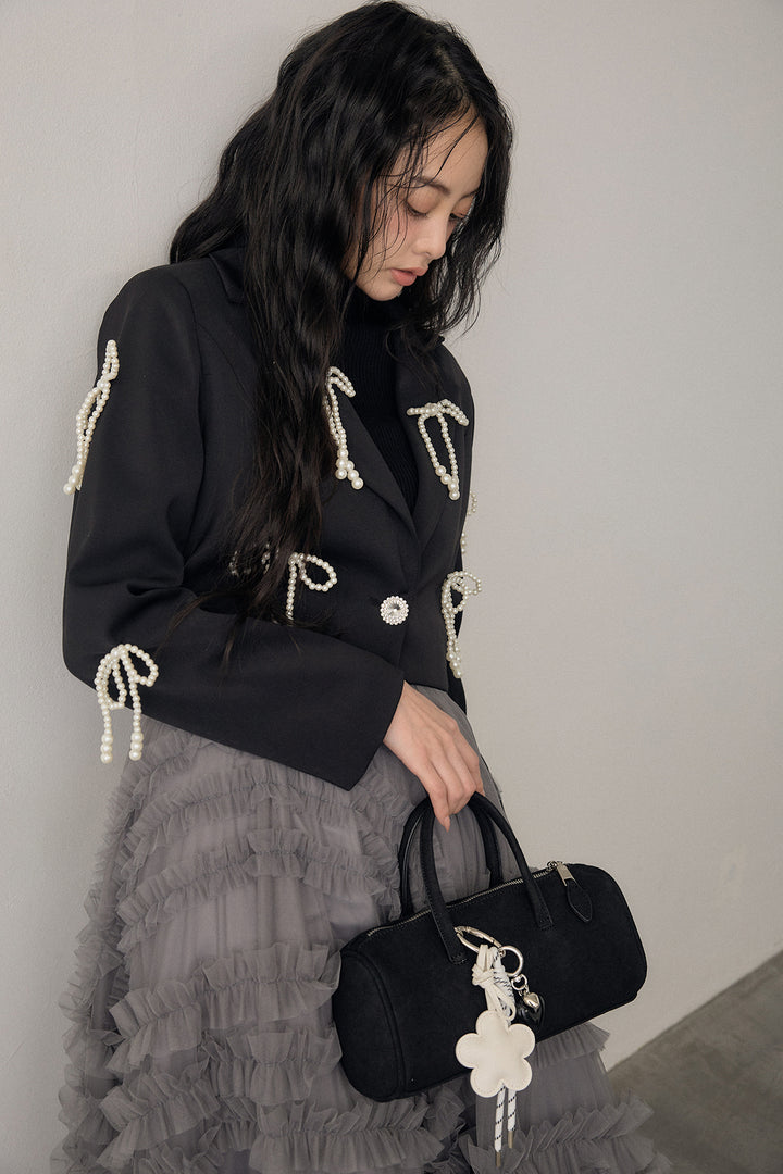 [予約/SET]ベーシックリブタートルニット+パールリボンクロップドジャケット+スフレアシメチュールスカート(3set)