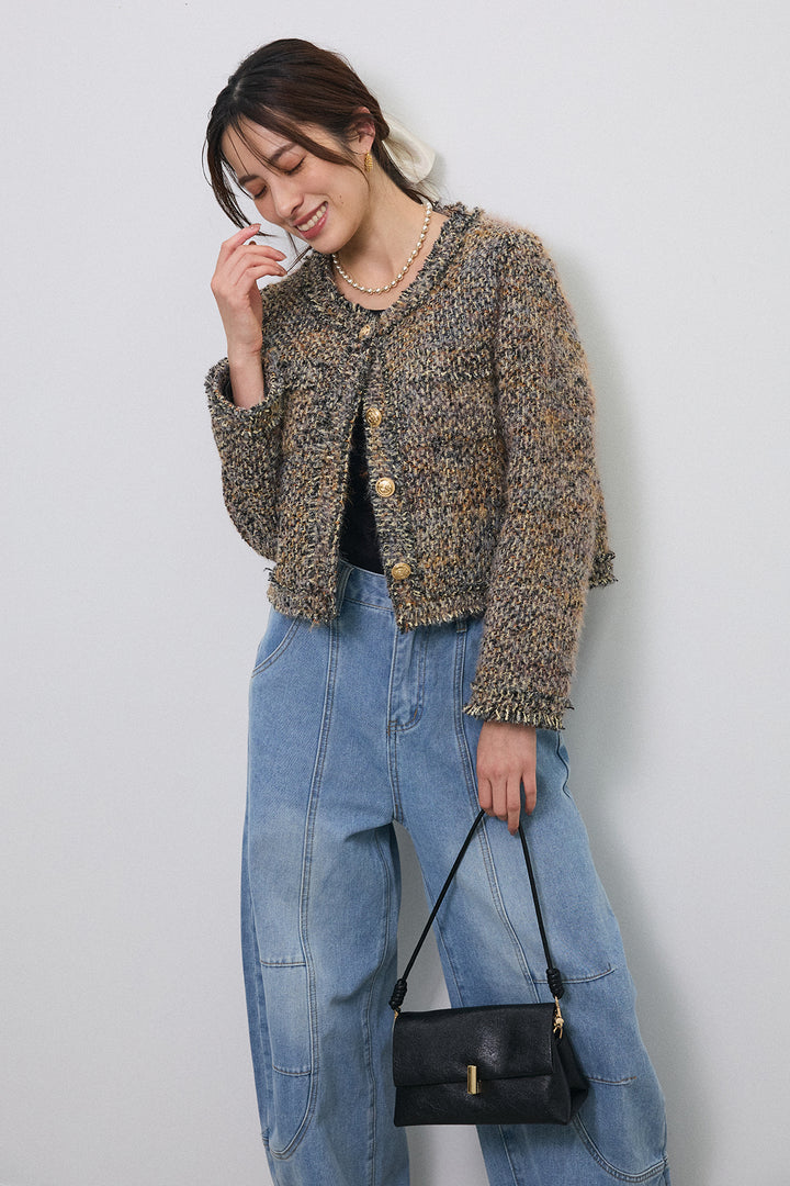 [予約/SET]カラーミックスツイードジャケット+ステッチ美ラインカーブデニムパンツ(2set)