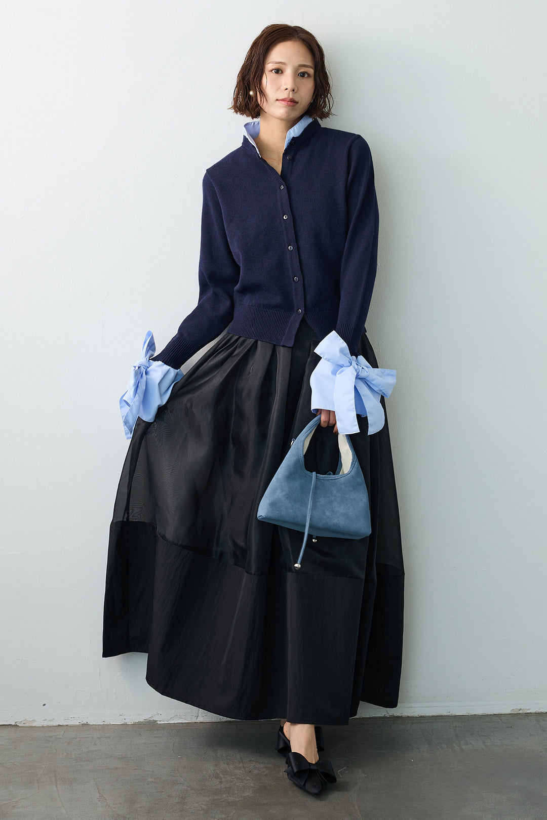 [予約/SET]BIGリボンカフスデザインニットドッキングカーデ+オーガンジー×タフタコクーンスカート(2set)