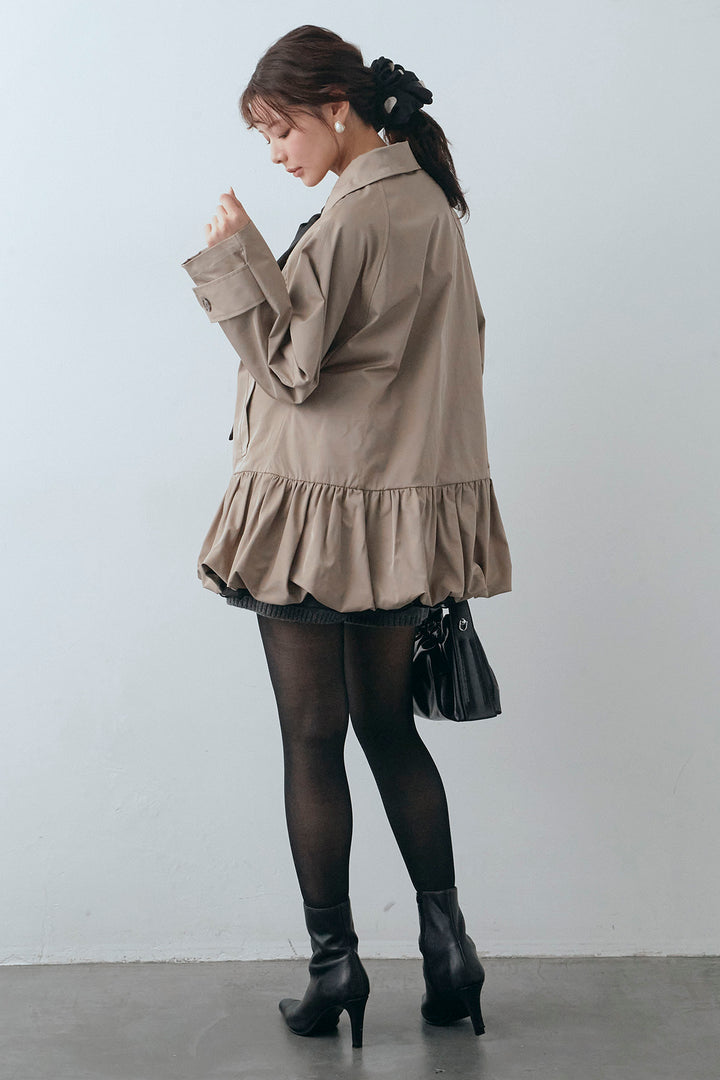 [予約/SET]フロントBIGリボンティアードエアリーチュニック+バルーンヘムミディ丈トレンチコート+メランジニットショートパンツ(3set)