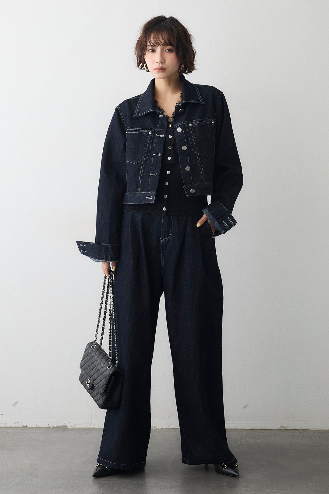 [予約/SET]レースVラインボタンニット+クロップドデニムセットアップ(2set)