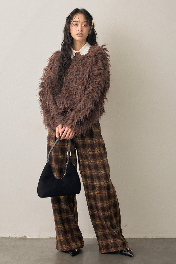 [予約/SET]2連パール付け襟+ループシャプルオーバーニット+クラシカルチェックフラワーモチーフ付きパンツ(3set)