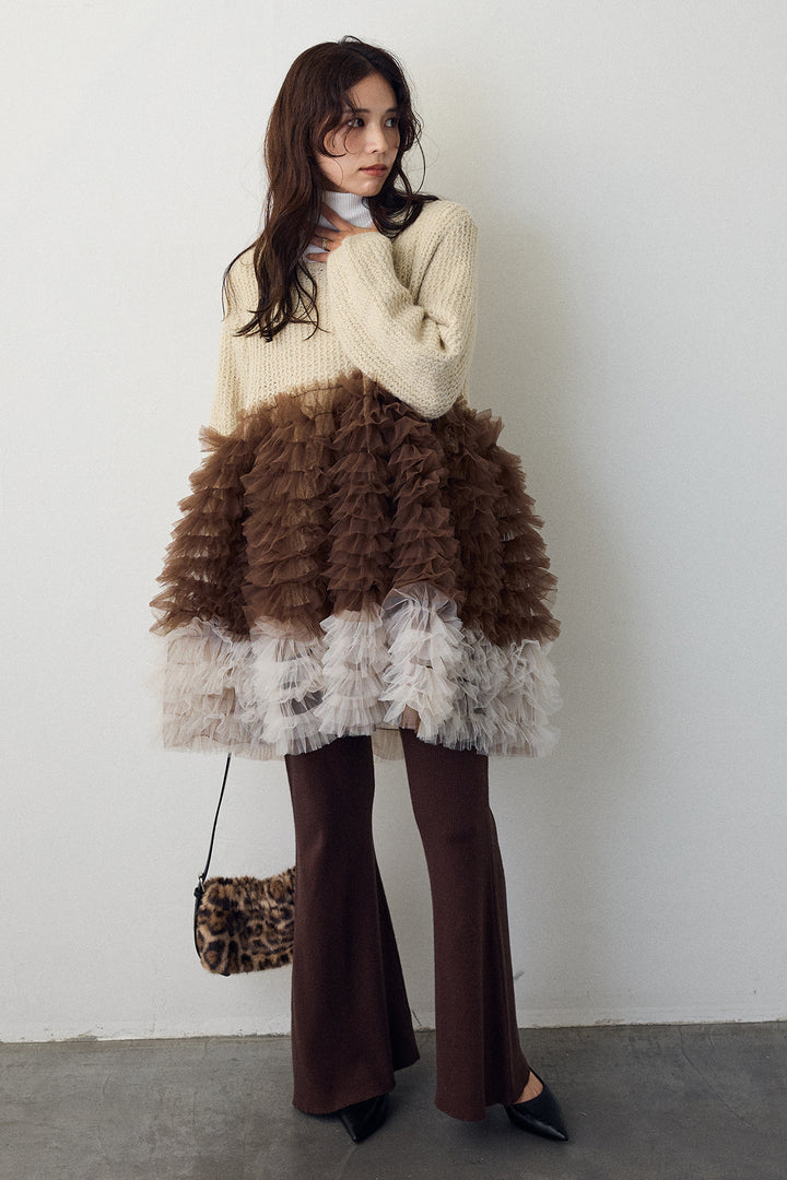 [予約/SET]ホイップチュールドッキングニットワンピ+リブストレッチフレアニットパンツ(2set)