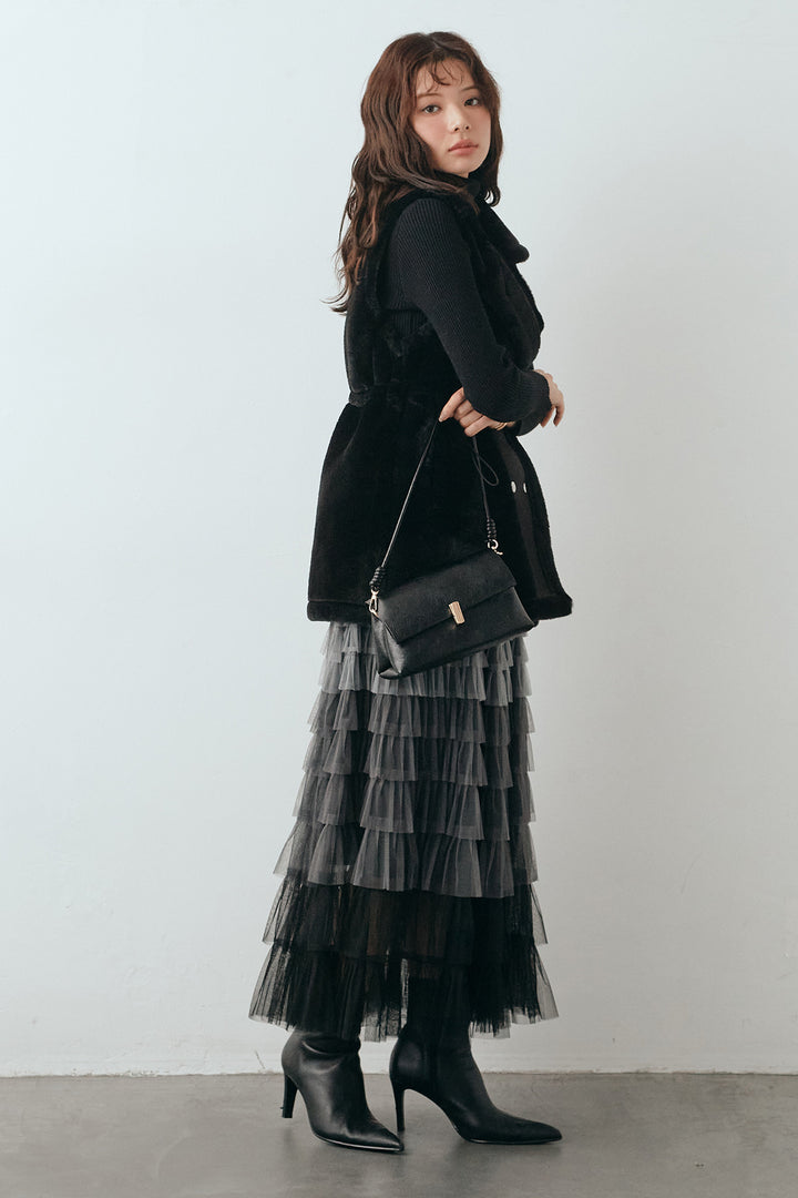 [予約/SET]ベーシックリブタートルニット+テディボアウエストドロストベスト+グラデーションチュールティアードスカート(3set)