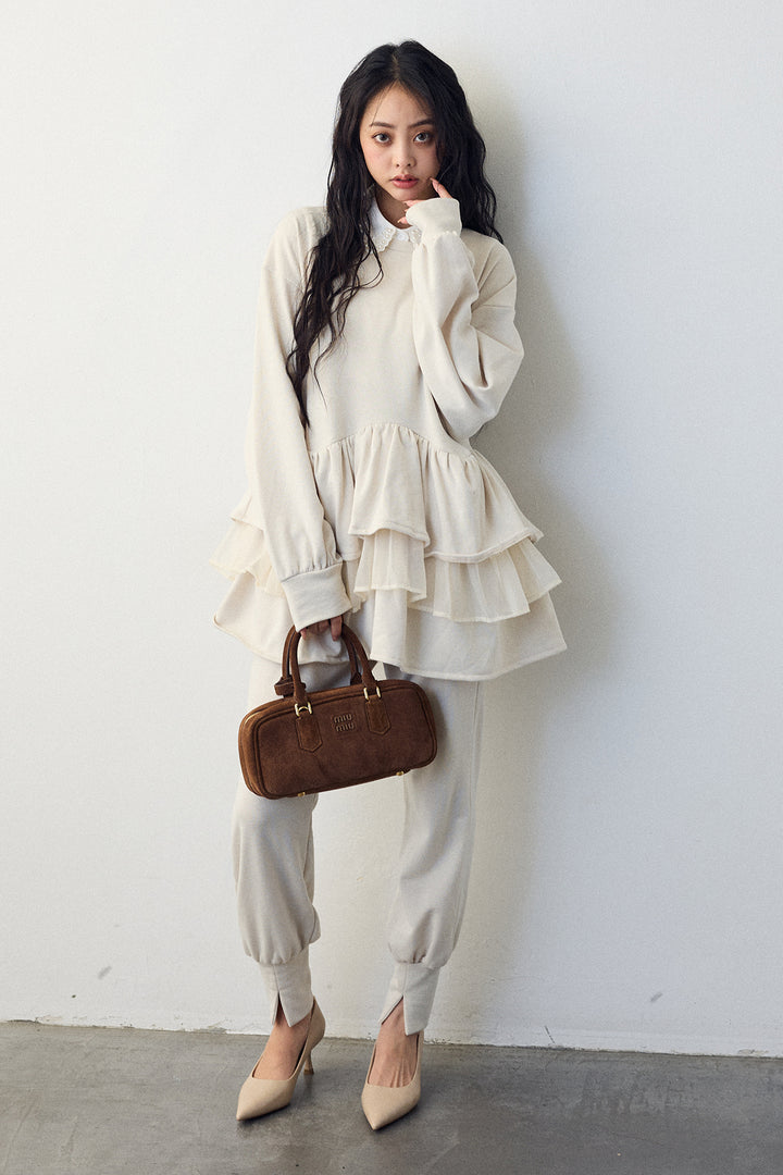 [予約/SET]2連パール付け襟+異素材ミックスフリルティアードスウェットPO+ライトスウェット美ラインジョガーパンツ(3set)