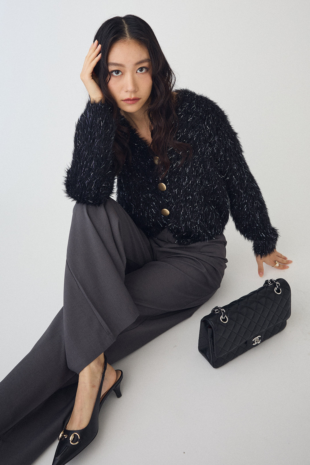 [予約/SET]ゴールドボタンラメシャギーニット+バックリボンストレートパンツ(2set)