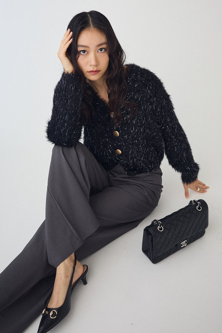 [予約/SET]ゴールドボタンラメシャギーニット+バックリボンストレートパンツ(2set)