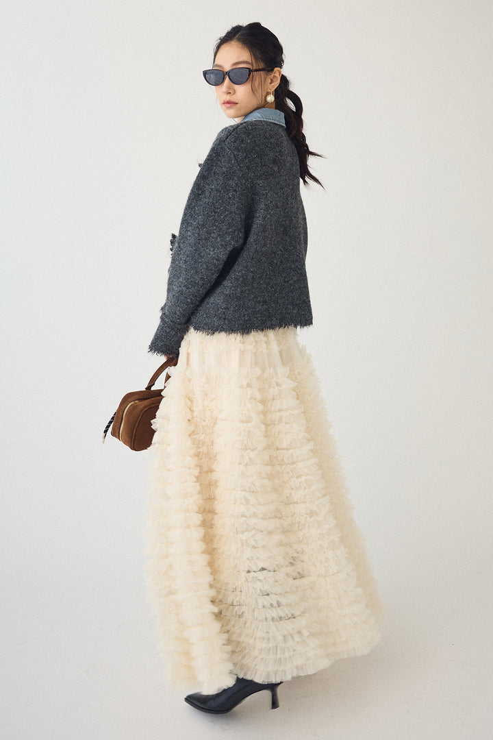 [予約/SET]デニムシャツドッキングツイードカーデ+ホイップチュールティアードスカート(2set)