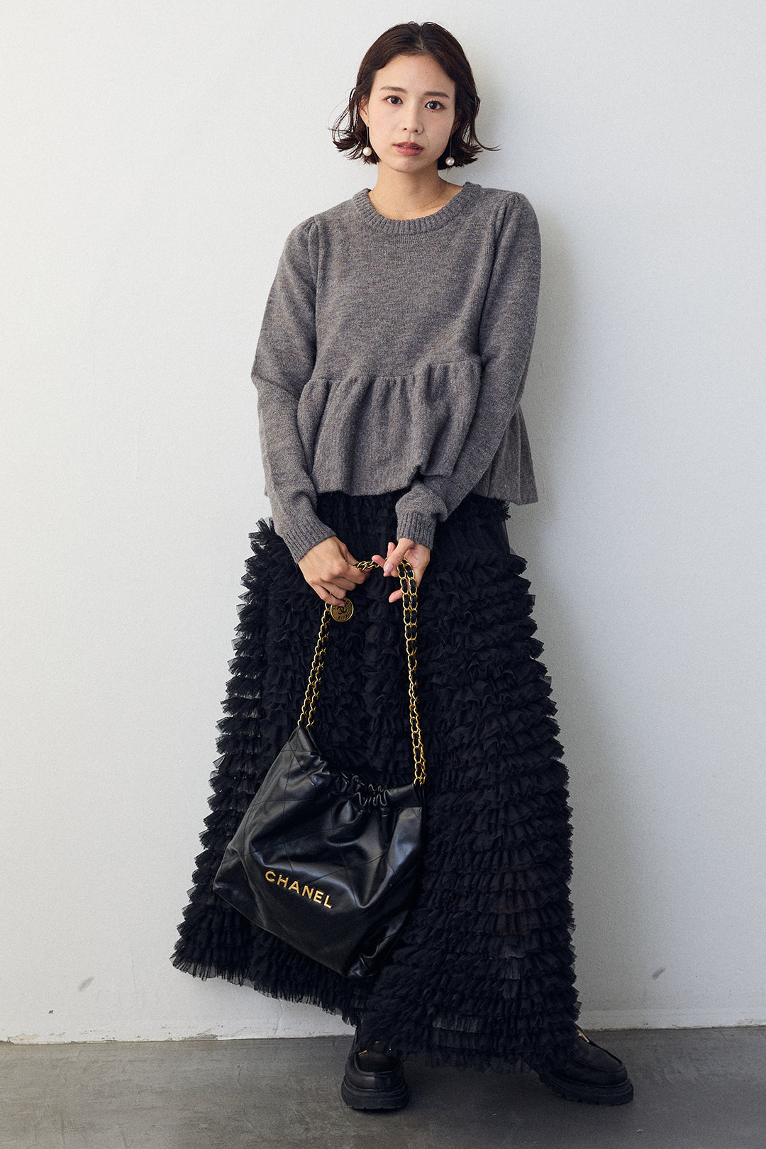 [予約/SET]アルパカタッチバルーンヘムニットプルオーバー+ホイップチュールティアードスカート(2set)