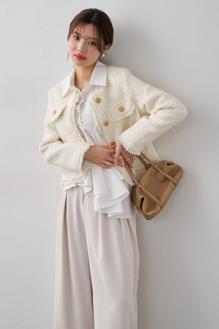 [予約/SET]フリンジツイードゴールドボタンジャケット+エステルツイルタックワイドカラーパンツ(2set)