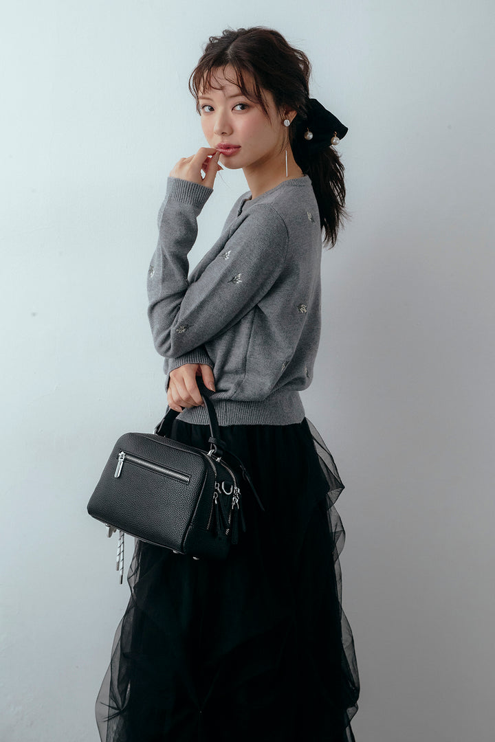 [予約/SET]ニュアンスフラワー刺繍クロップドニットカーデ+マルチパターンタックチュールスカート(2set)