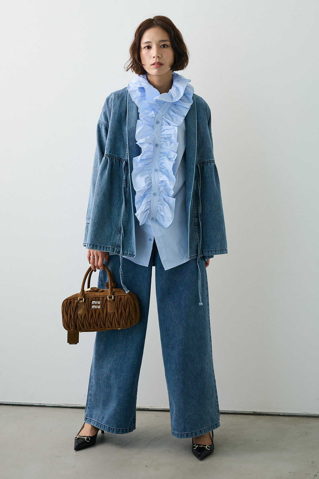 [予約/SET]ブルームカラーフリルブラウス+ノーカラーデニムルーズセットアップ(2set)
