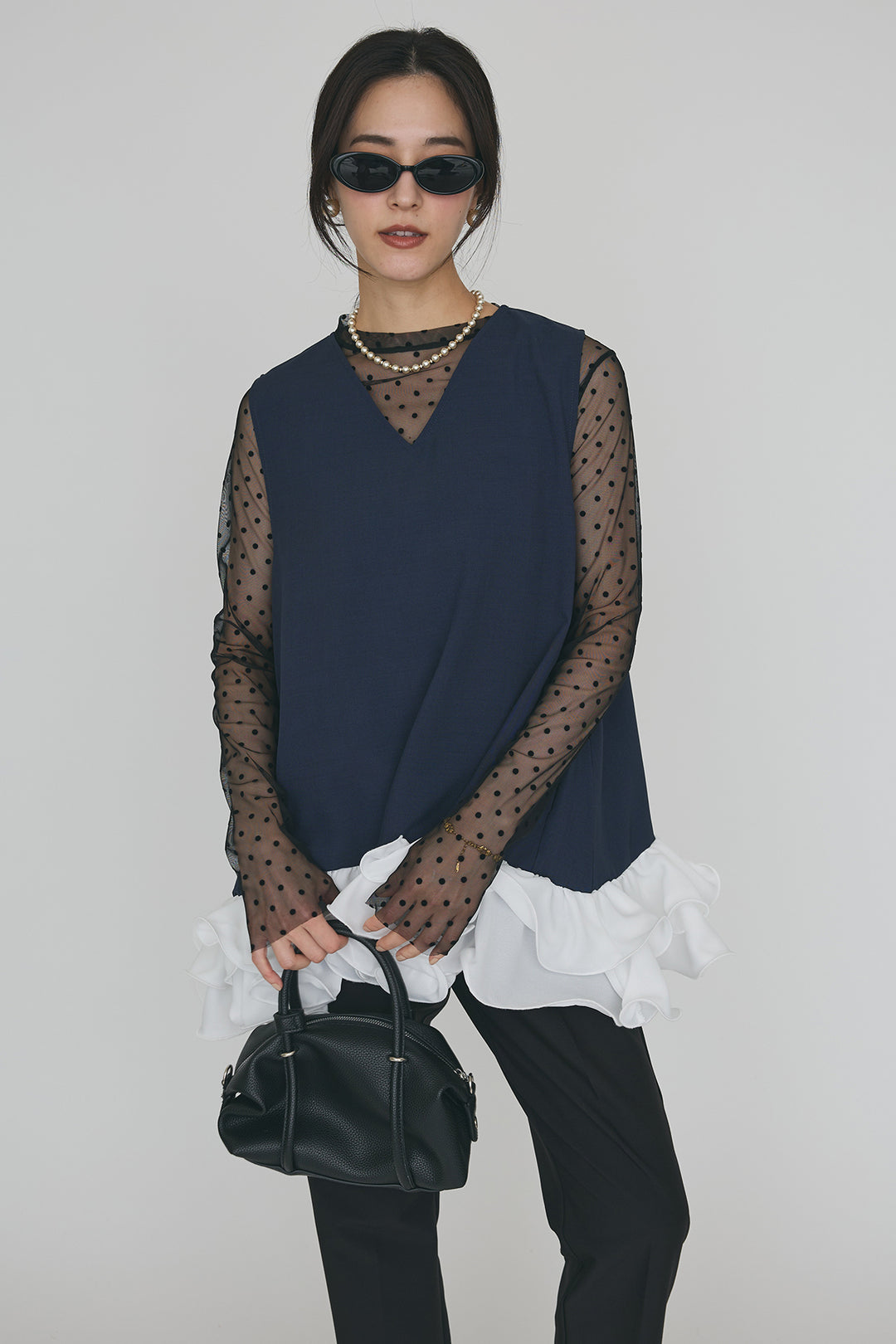 [予約/SET]シアードットフロッキートップス+異素材フリルヘムVネックチュニック+タックテーパードパンツ(3set)