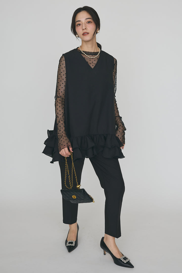 [予約/SET]異素材フリルヘムVネックチュニック+タックテーパードパンツ(2set)