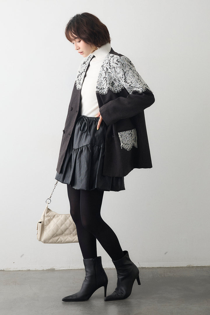 [予約/SET]ショルダーレースデザインジャケット+フェイクレザーティアードバルーンミニスカート(2set)