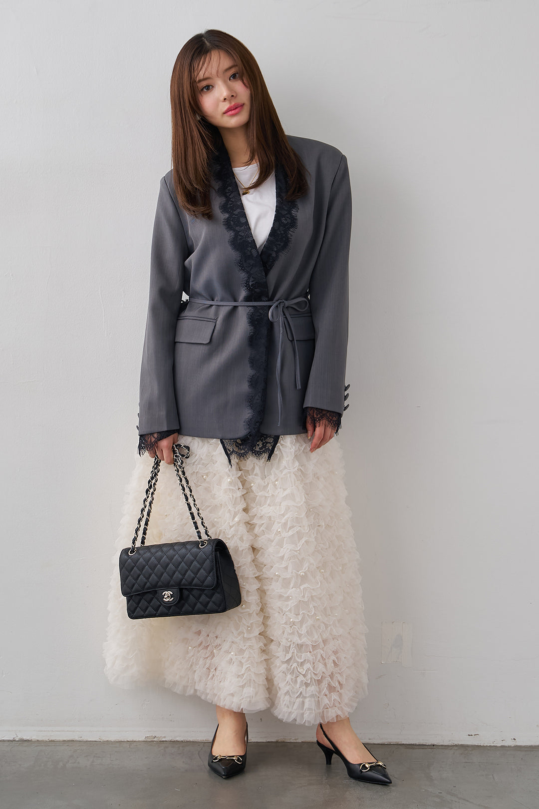 [予約/SET]カシュクールレースドッキングジャケット+パール付きホイップチュールスカート(2set)