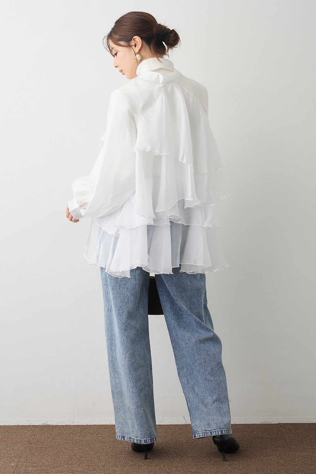 [予約/SET]フロントBIGリボンティアードエアリーチュニック+パールスタッズストレートハイウエストデニム(2set)