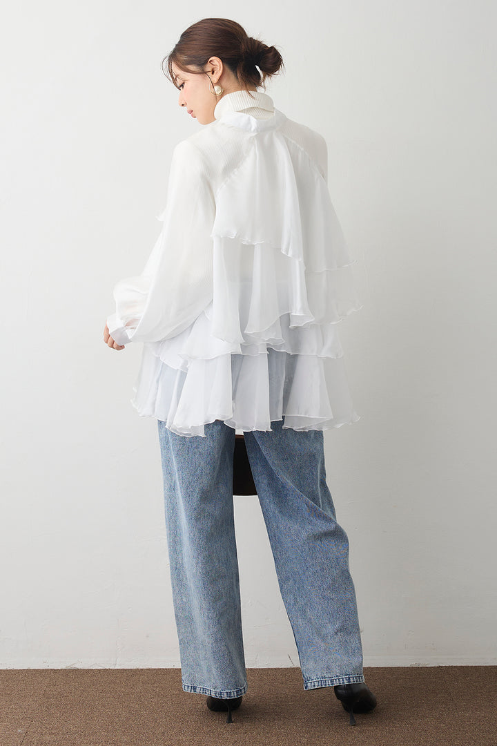 [予約/SET]フロントBIGリボンティアードエアリーチュニック+パールスタッズストレートハイウエストデニム(2set)
