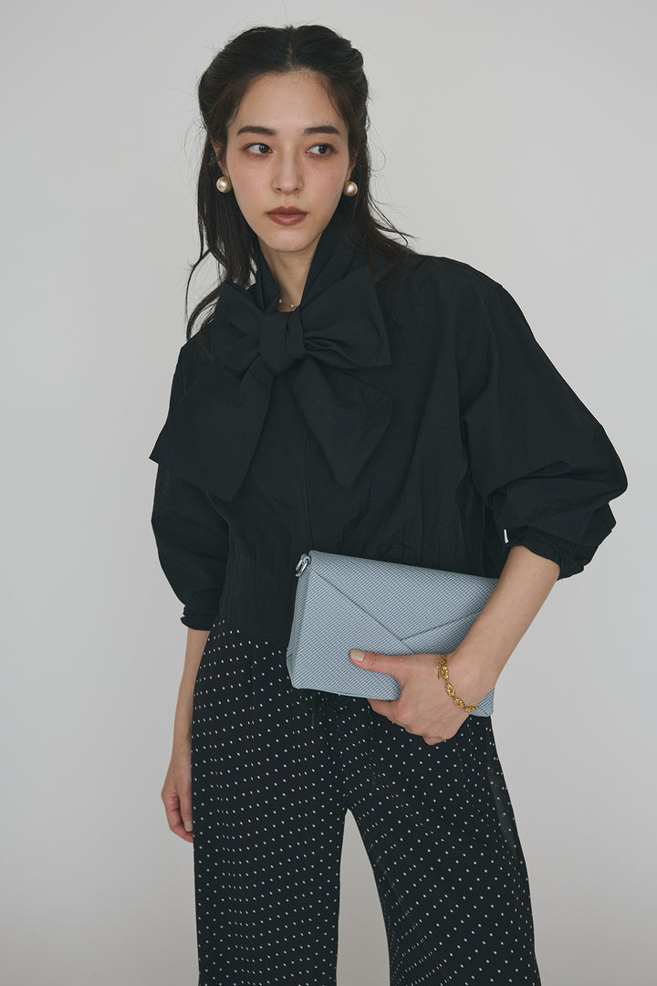 [予約/SET]フロントファスナーヘムタックボウタイブラウス+シアードットリラックスパンツ(2set)