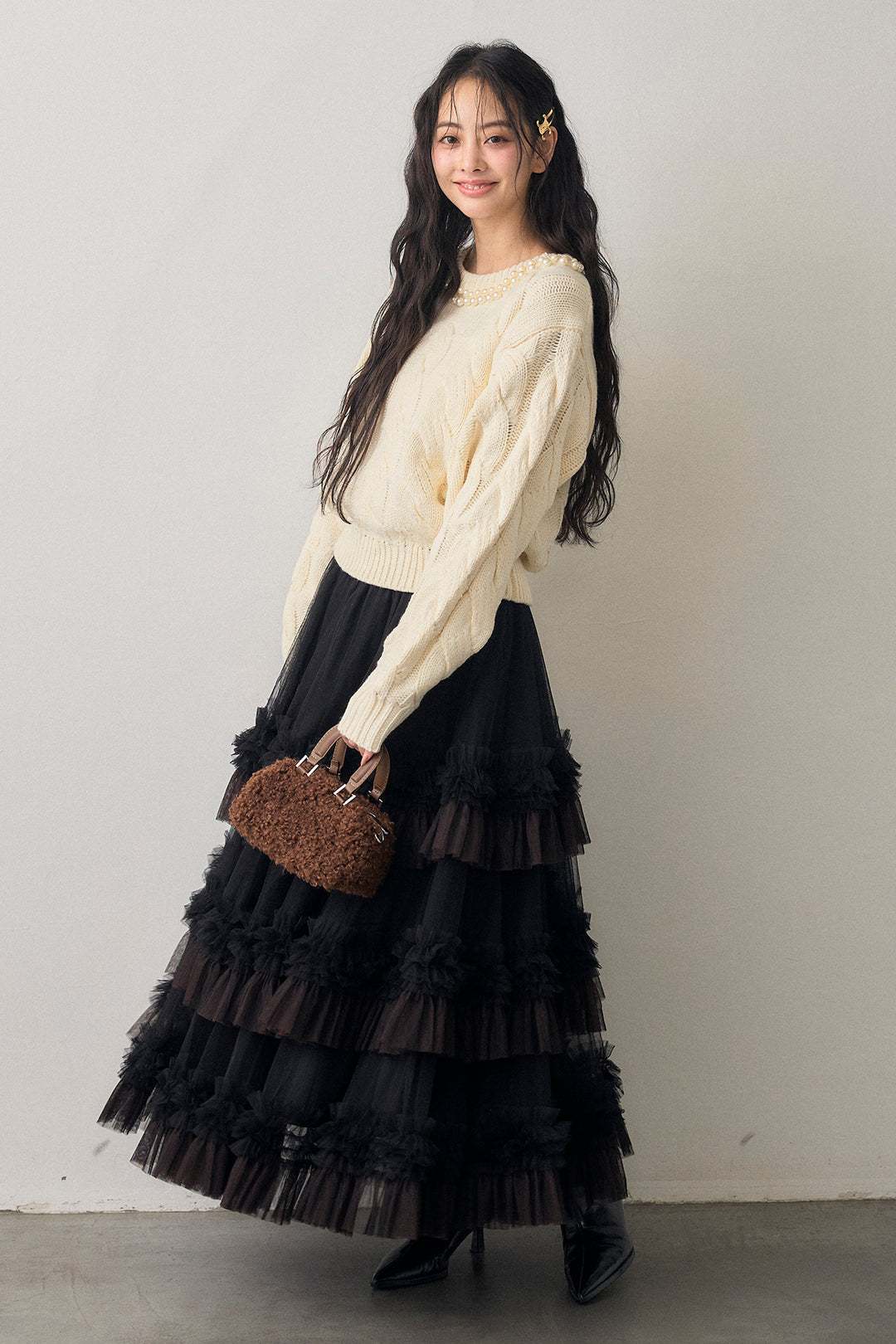 [予約/SET]ネックパールケーブル編みニット+配色フリルティアードロマンティックスカート(2set)