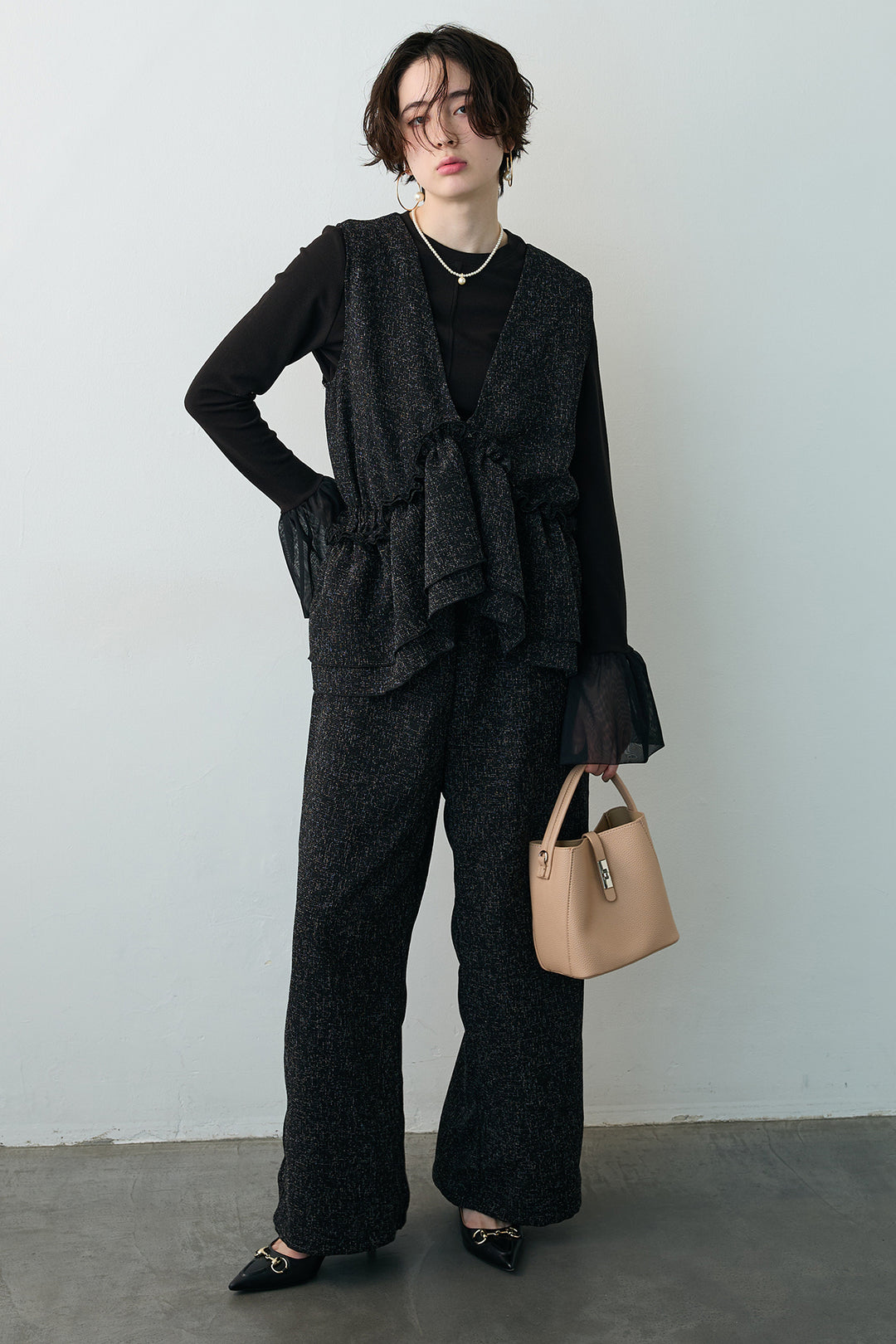 [予約/SET]サイドギャザーフレアチュールカフストップス+サマーツイードマルチウェイロンパース(2set)