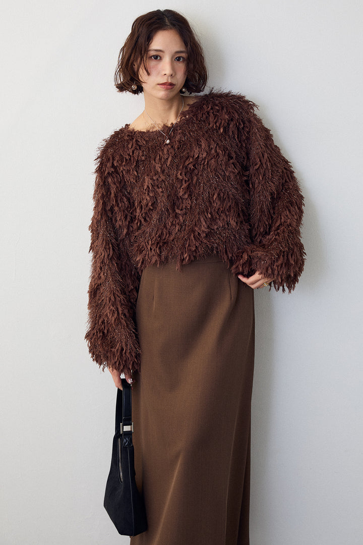 [予約/SET]フリンジラメシャギーニットプルオーバー+バックリボンセミフレアスカート(2set)